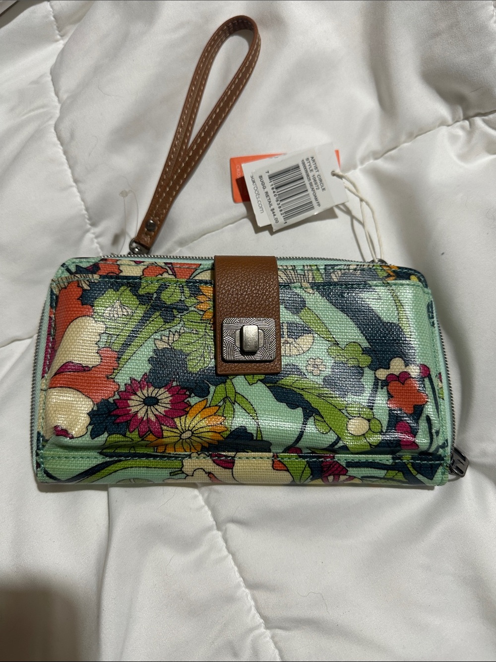 Sakroots Floral Wristlet Wallet in Mint Green with Brown Trim